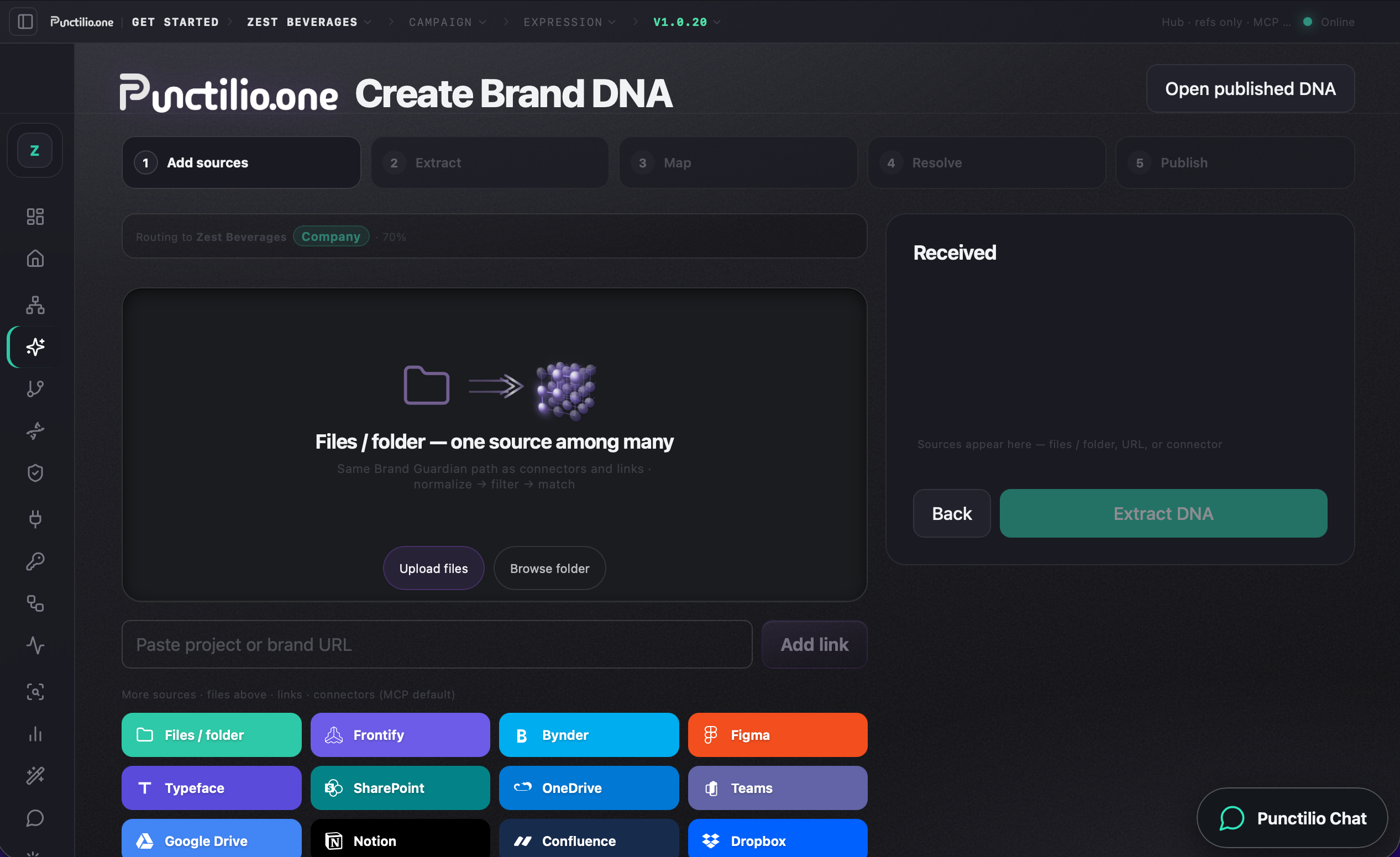 Create DNA — Add sources, files/folder peer path, Zest Beverages routing